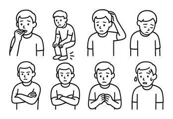 Fototapeta premium Cartoon expressions of concerned young caucasian male in various poses