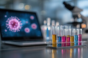 Scientific research laboratory with virus analysis on laptop and test tubes.