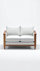 A clean-lined loveseat with a light wood frame and crisp white cushions, set against a bright backdrop