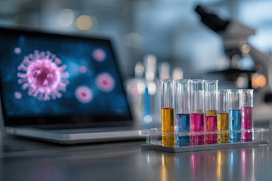 Scientific research laboratory with virus analysis on laptop and test tubes.