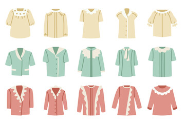 Flat-style illustrations of tops with various neckline styles, available in three color schemes.
