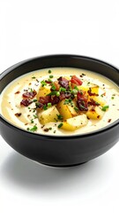 Creamy potato soup in a dark bowl, garnished with crispy bacon bits, diced potatoes, and fresh chives