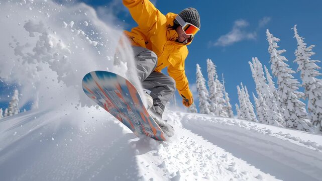 Snowboarder in bright yellow jacket performs dynamic jump over snowy slope, showcasing skill and excitement in winter sports, capturing the thrill of snowboarding in a breathtaking mountain landscape
