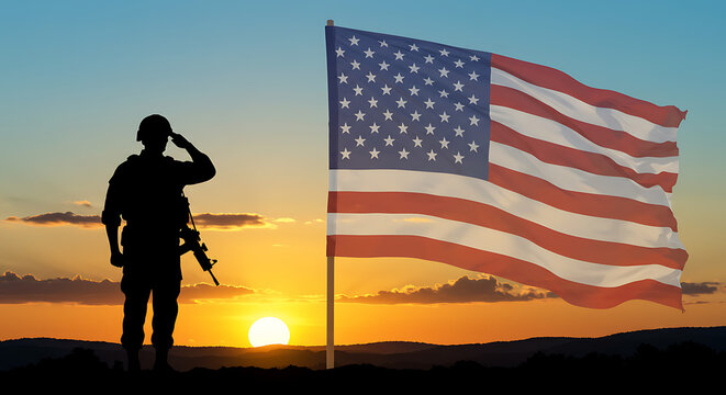 Silhouette of a soldier saluting the american flag at sunset with a rifle
