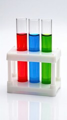 Three test tubes, red, blue, and green liquids, held in a white rack on a reflective surface