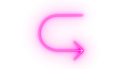A vivid pink neon arrow curving to the right isolated on transparent background, representing movement, redirection, and a contemporary aesthetic