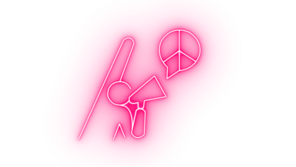 A pink neon hand holding a megaphone with a peace sign speech bubble isolated on transparent background, symbolizing activism and communication