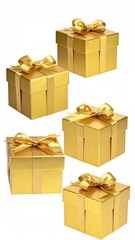 Four gold gift boxes with gold ribbons, arranged vertically against a white background