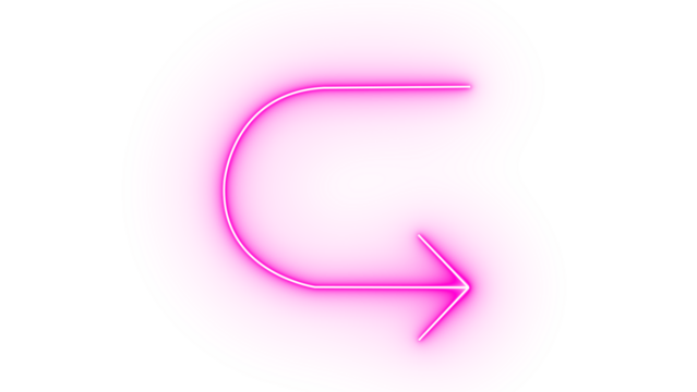 A vivid pink neon arrow curving to the right isolated on transparent background, representing movement, redirection, and a contemporary aesthetic