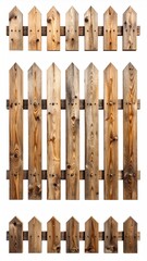 Three rustic wooden picket fences, varying in height, shown against a white background, featuring pointed tops and visible wood grain
