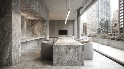 A minimalist interior showcases a long, textured stone reception desk and seating area bathed in natural light from a large window overlooking a cityscape, evoking a sense of calm sophistication.