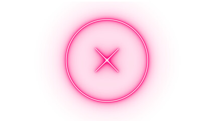 A striking pink neon x mark inside a circle, isolated on transparent background, emits a bright...