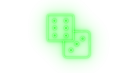 Two vibrant green neon dice, isolated on transparent background, display a six and a two, casting a playful glow that evokes games and chance
