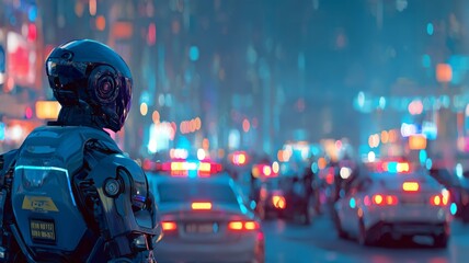 Futuristic robot and drones in night cityscape. Neural network AI generated