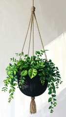 Lush green foliage spills from a dark-potted hanging planter, suspended by a knotted rope, against a bright interior