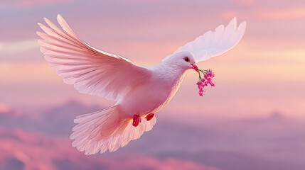 Fototapeta premium White Dove Flying With Flower Branch In Gradient Sky, Conveying Peace And Hope