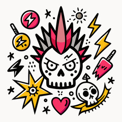 Punk rock skull with mohawk and lightning bolts illustration