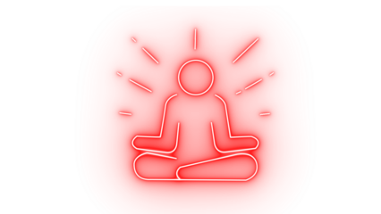 A radiant neon figure isolated on transparent background in a meditative pose symbolizes mindfulness, relaxation, and inner peace, promoting a sense of calm and wellbeing