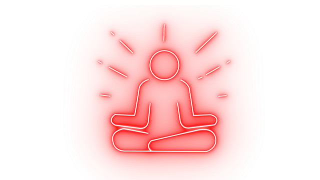 A radiant neon figure isolated on transparent background in a meditative pose symbolizes mindfulness, relaxation, and inner peace, promoting a sense of calm and wellbeing