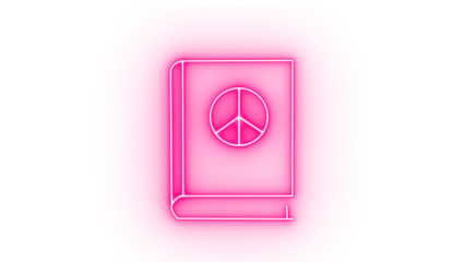 A pink neon book with a peace sign isolated on transparent background, symbolizing knowledge and harmony in a vibrant and modern design