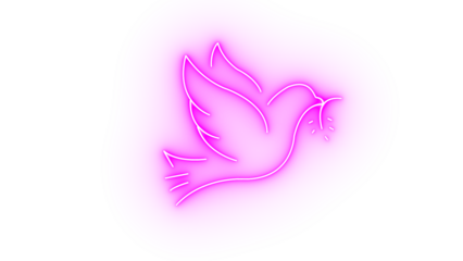 Neon pink dove isolated on transparent background, a symbol of peace and hope, with its wings spread and an olive branch in its beak, radiating a soft glow