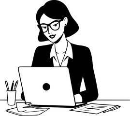 Black and white line art of a beautiful successful career woman working at desk with laptop illustration