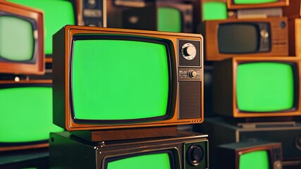 Multiple vintage televisions on black background, repeating pattern of many retro TVs with green screen chroma key and noise interference.