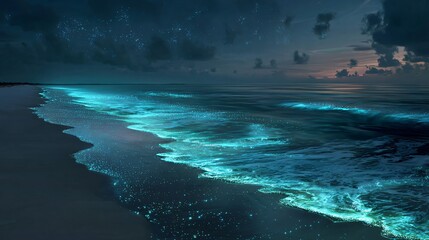 Bioluminescent waves crash on a sandy beach under a dark cloudy sky.