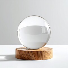 A large, clear glass sphere rests on a small, round wooden base, subtly shadowed against a white backdrop