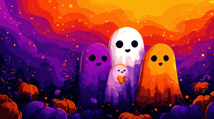 Colorful ghost family in pumpkin patch, vibrant orange and purple sky, playful Halloween scene, cheerful and whimsical mood