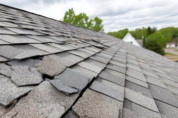 A close-up view of a severely damaged grey asphalt shingle roof showing extensive wear and tear, with curled, cracked, and missing shingles under a cloudy sky.