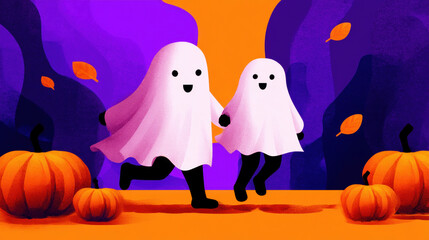 Two happy cartoon ghosts run together among pumpkins and falling leaves on vibrant orange and purple background, evoking festive Halloween mood