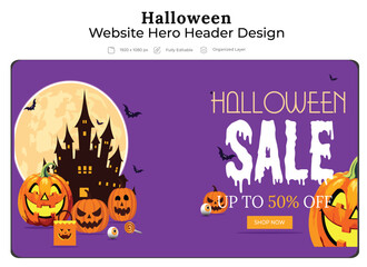 Happy Halloween Sales Website Hero Header Design, Ecommerce Shopping Landing Page Banner Vector Illustration with Purple Colour