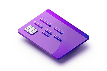 Isometric illustration of a purple credit card with a microchip, subtly curved edges, and a glossy finish, set against a white background