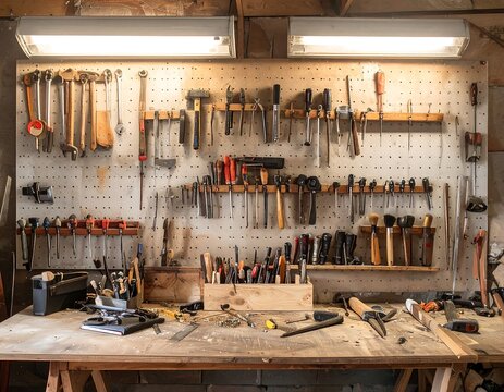 Workshop tools on a pegboard wall