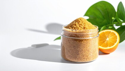 A glass jar of coarse, light orange-hued granules sits on a white surface, next to a sliced orange and vibrant green leaves, cast in bright sunlight