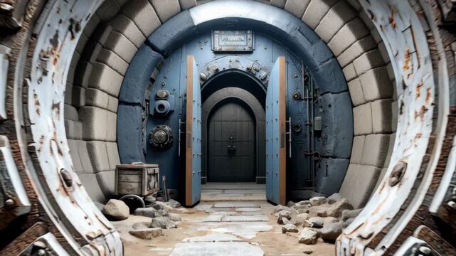 Doors open in ancient stone tunnel, underground bunker with rusty metal vault entrance