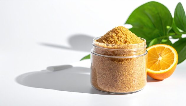 A glass jar of coarse, light orange-hued granules sits on a white surface, next to a sliced orange and vibrant green leaves, cast in bright sunlight - Powered by Adobe