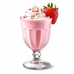 Pink strawberry milkshake in a footed glass, topped with whipped cream and red sprinkles, garnished with a fresh strawberry