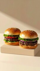 Two juicy double cheeseburgers with lettuce, tomato, and onion, displayed on a light beige box against a muted background, bathed in soft sunlight