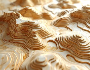 Abstract wood carving depicting a mountainous landscape with layered contours and varying heights, lit by soft light