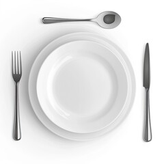 Overhead view of a simple place setting, featuring a white dinner plate, salad plate, fork, knife, and spoon on a white background