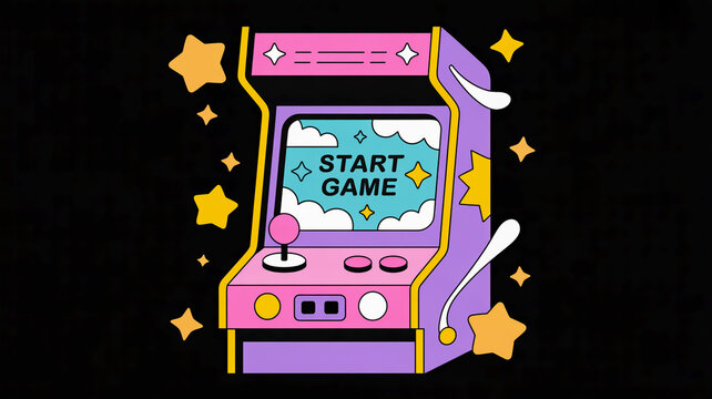 Retro Arcade Game Machine with Start Game Screen and Stars on Black Background vintage gaming