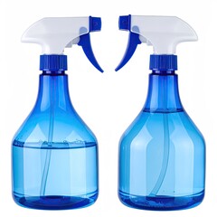 Two translucent blue plastic spray bottles, partially filled with clear liquid,  feature white and blue trigger tops, set against a white background