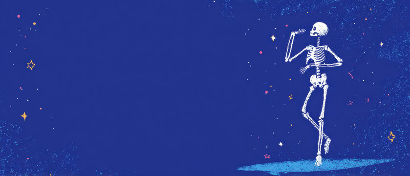 Dancing skeleton on deep navy blue pastel background with stars, playful and whimsical night scene, space for text