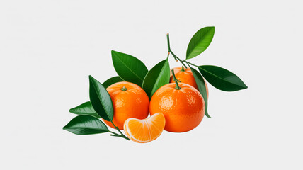 Two whole tangerines and one segment with green leaves on a white background mandarins citrus