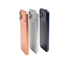 Three different colored phones are lined up on a white background