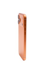 A phone with a orange case is sitting on a white background