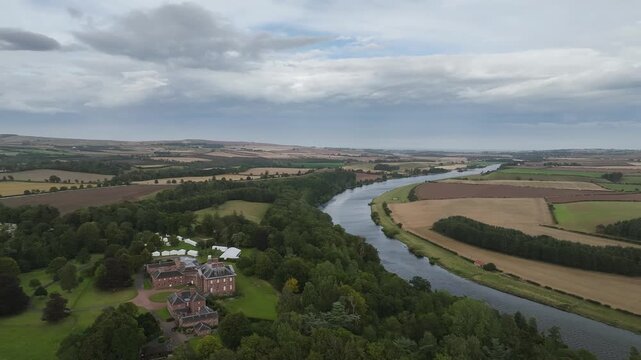 Paxton House over River Tweed from a drone, Paxton, Berwick-upon-Tweed, Berwickshire, Scotland, UK