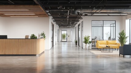 A bright, modern office reception area features warm wood paneling and polished concrete floors, creating an inviting atmosphere for visitors and employees alike, showcasing minimalist design.
